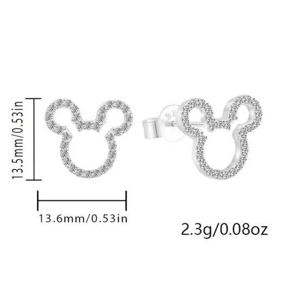 NEW STERLING SILVER MICKEY MOUSE EARRINGS CRYSTAL/SILVER OUTLINE STUD EARRINGS - Picture 2 of 5